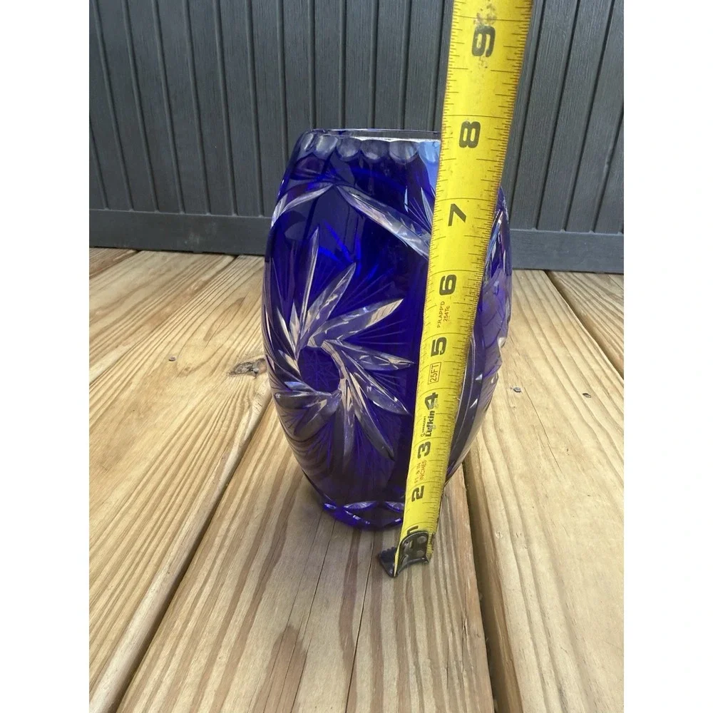 Vintage Kobalt Blue Cut to Clear Crystal Lead Vase 8